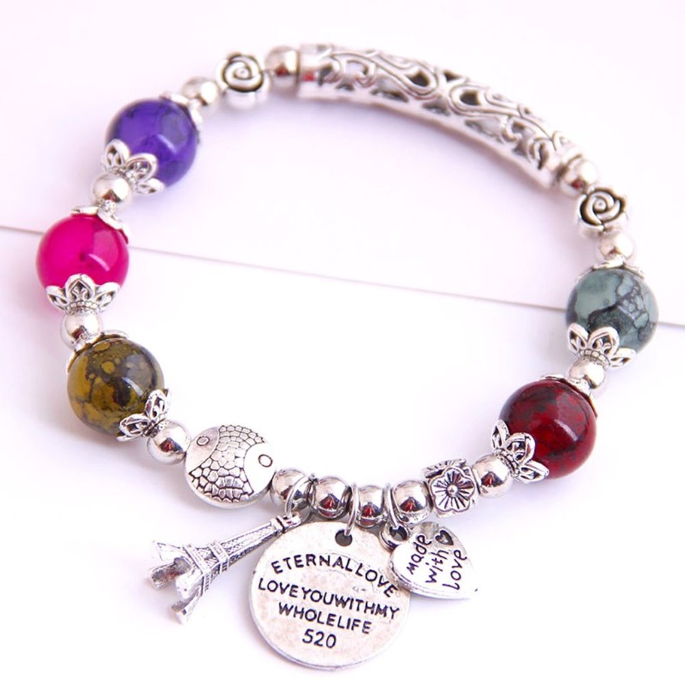 Multicolor and Silver bead bracelet with Eiffel Tower Charm